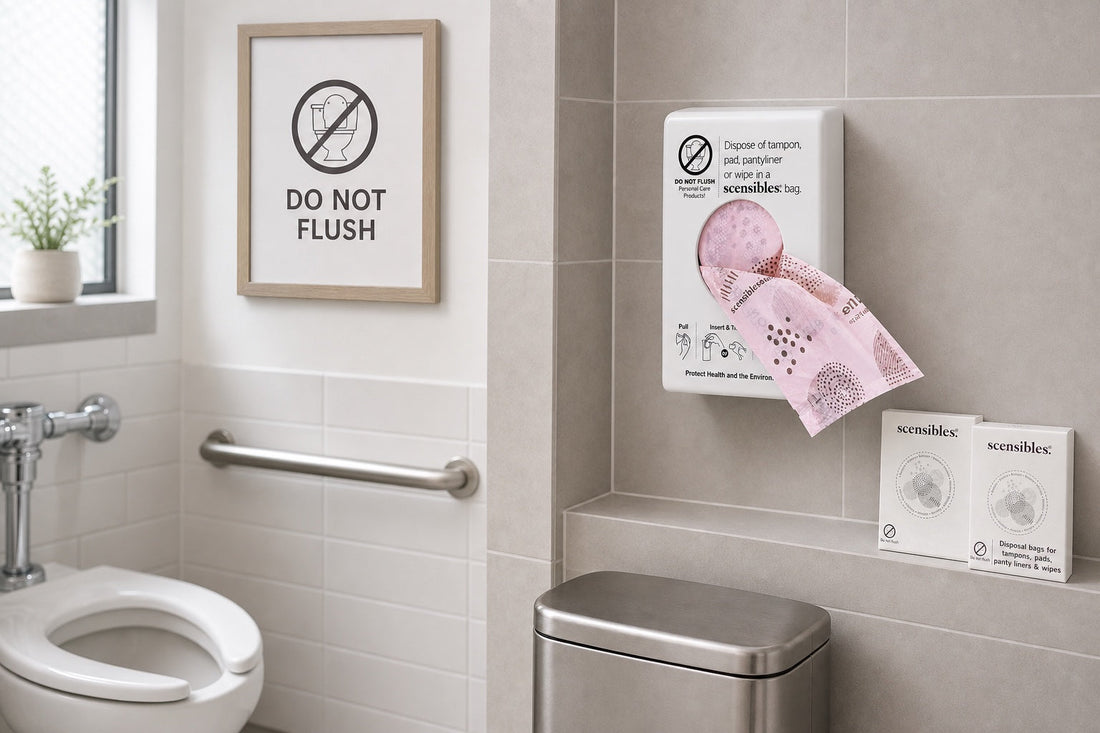 Do not flush sign beside a Scensibles disposal bag dispenser in a clean restroom