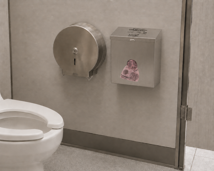 Stainless steel Scensibles personal care disposal unit and toilet paper dispenser mounted beside a toilet in a commercial restroom stall