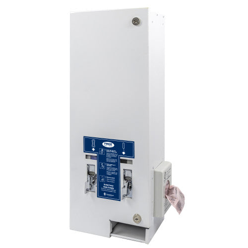 HOSPECO D1 menstrual product dispenser with a Scensibles personal disposal bag dispenser mounted on the side