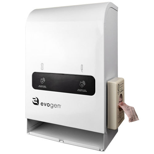 HOSPECO Evogen EVNT4 menstrual product dispenser with a Scensibles personal disposal bag dispenser mounted on the side